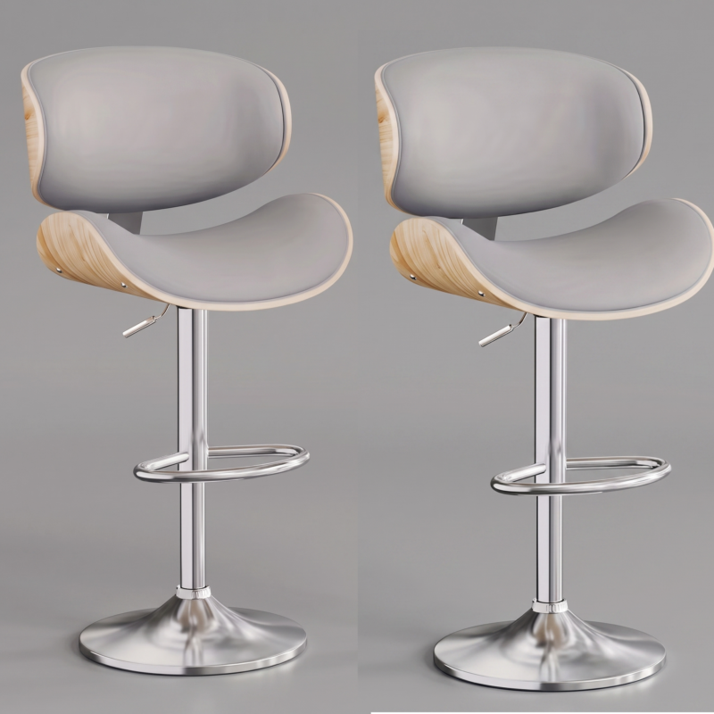 useful Swivel Bar Stools Set Of 2 Seat, Set Of 1 And 4 Seat, Adjustable Height 24.5-33.5in, Wooden Barstools PU Leather Upholstered Bar Chairs with Back & Footrest for Bar Kitchen Dining Room 20 A matching light gray bar stools set of 1 and 2 seat configuration featuring curved wooden backrests, padded faux leather cushions, chrome pedestals, and footrests against a gray background.